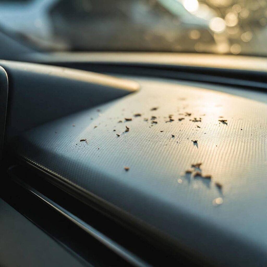 Car dashboard close-up with crumbs on premium trim, golden hour glow.