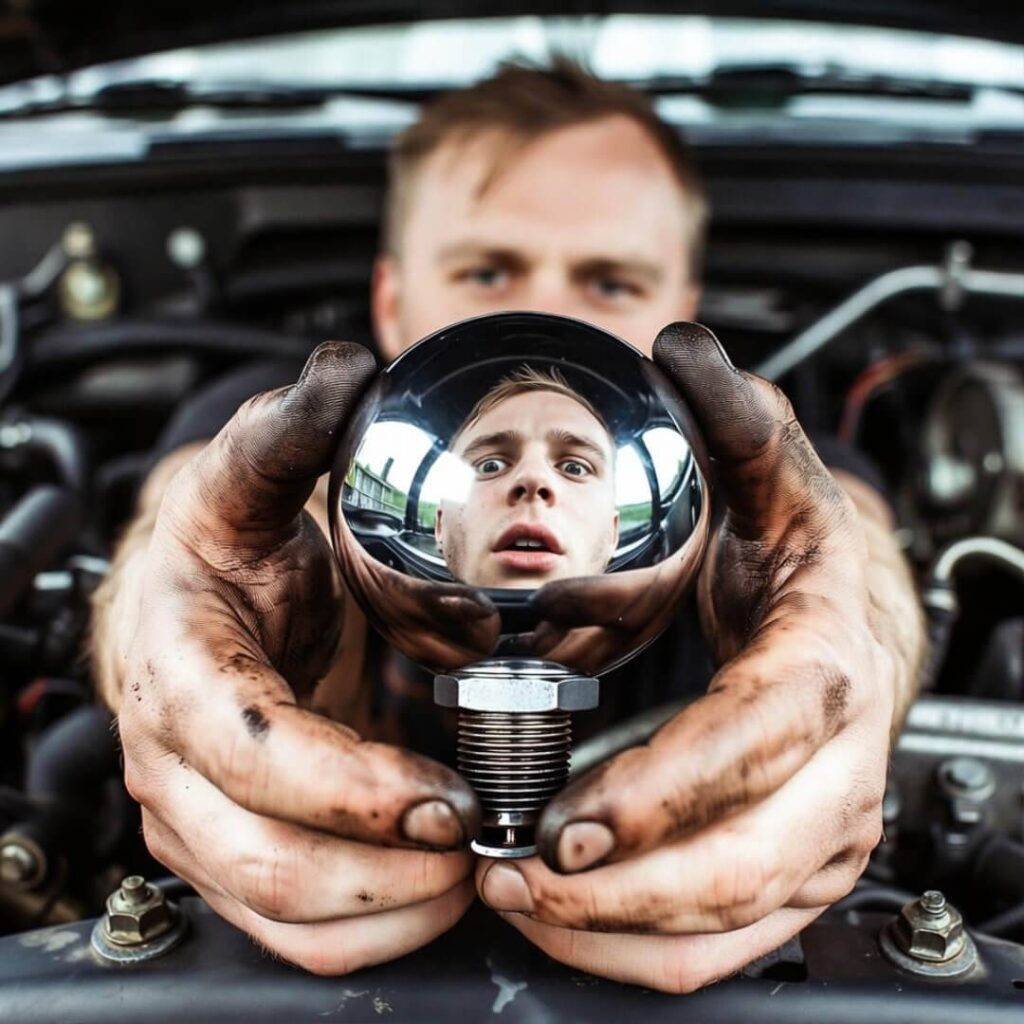Greasy hands hold broken spark plug; shocked face reflected in chrome.