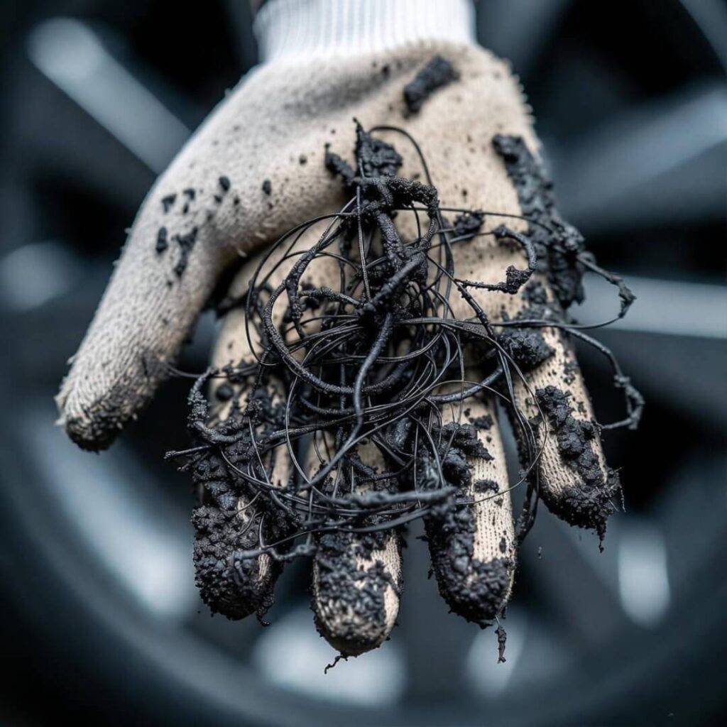 Grimy microfiber mitt tangled in hubcap dirt, phone-shot overhead.