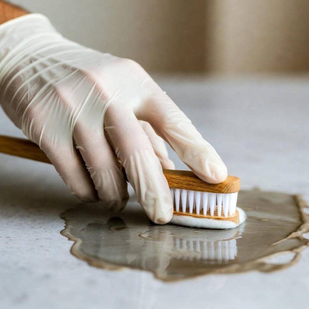 Gloved hand scrubbing mystery stain with toothbrush, close-up POV.
