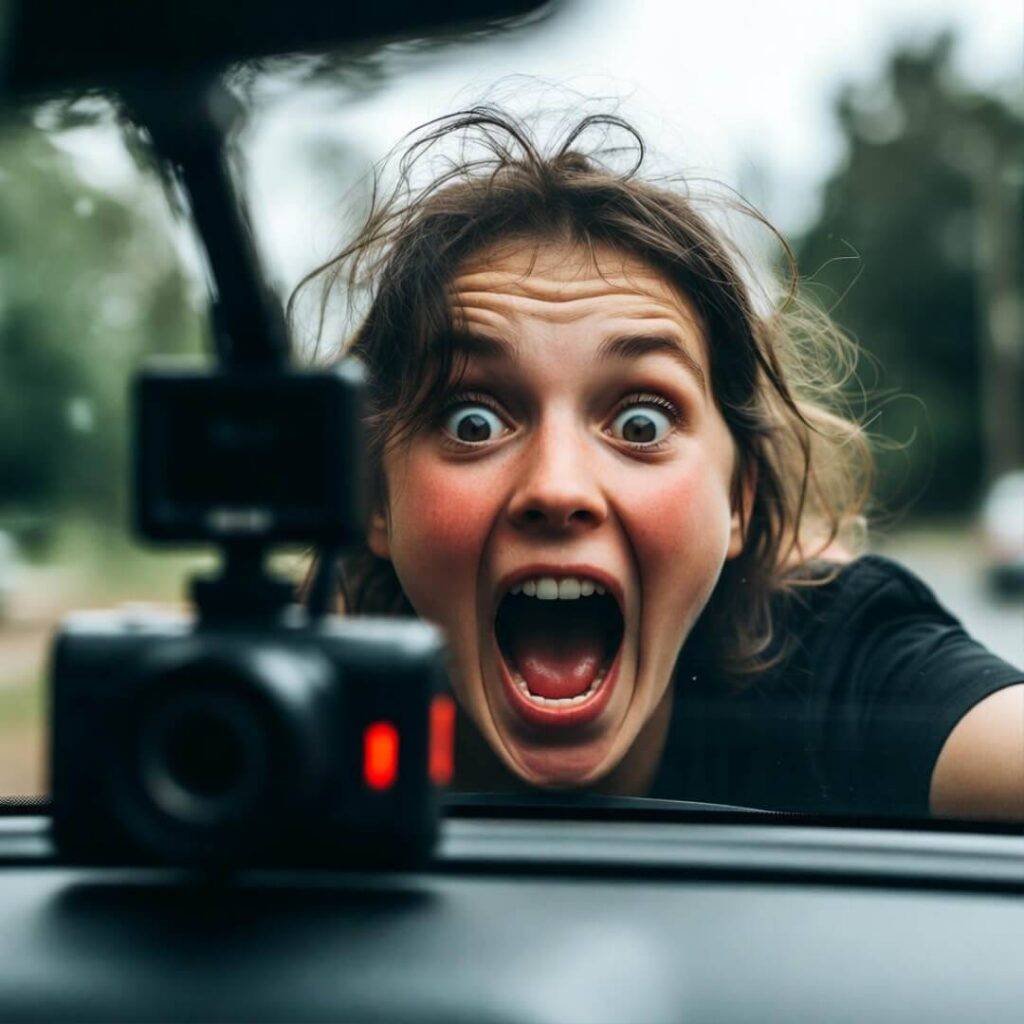 Crooked selfie: mid-scream, wild hair, dash cam red light blinking.
