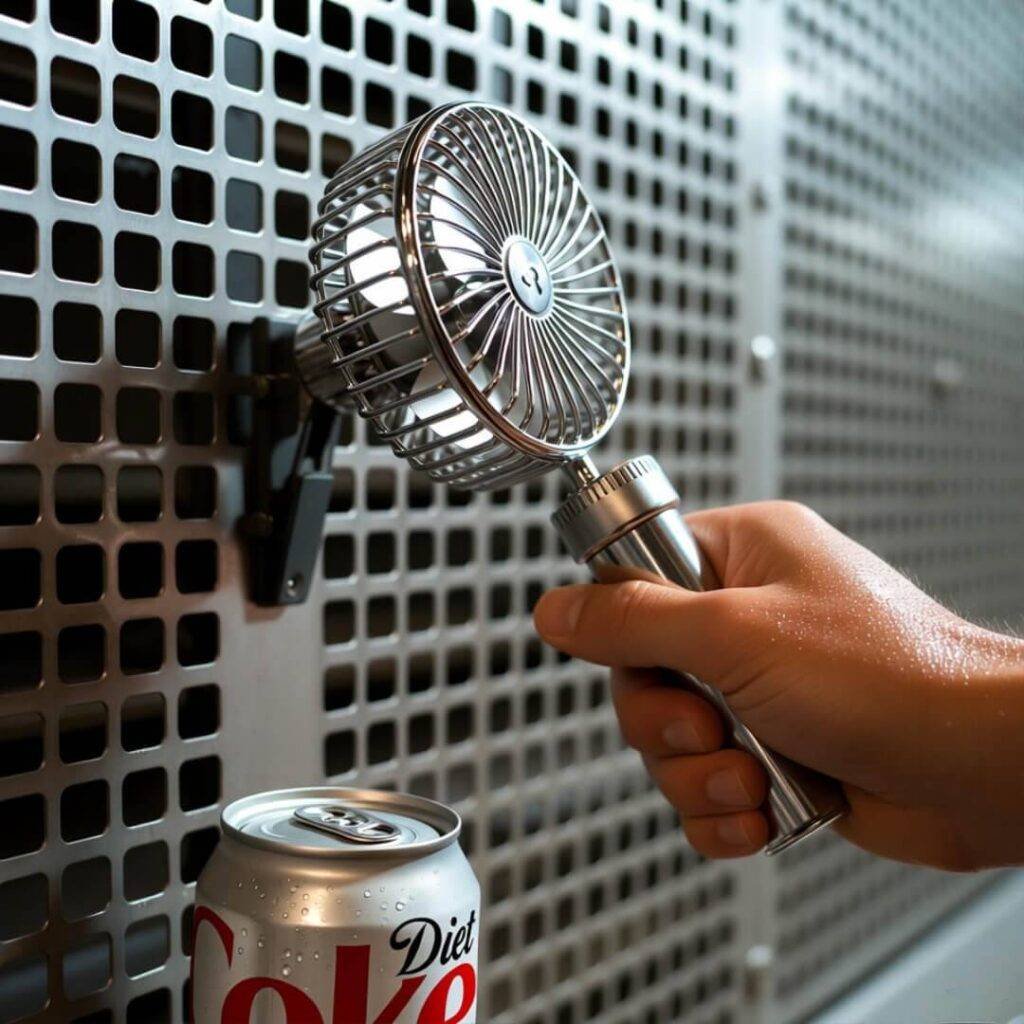 Sweaty hand cranks vent-clipped fan beside sweating Diet Coke can.