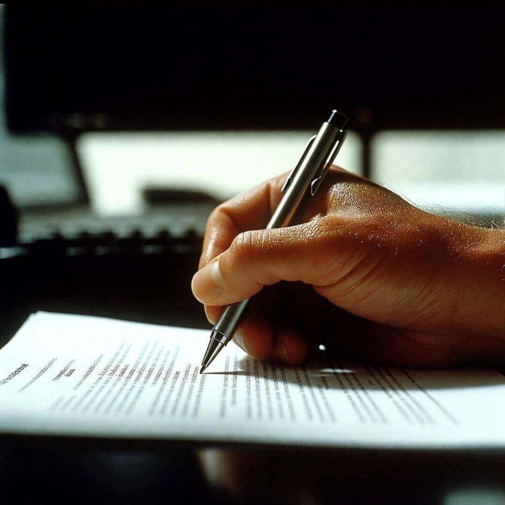 Sweaty hand grips pen over fine print, viewed secretly from under desk.