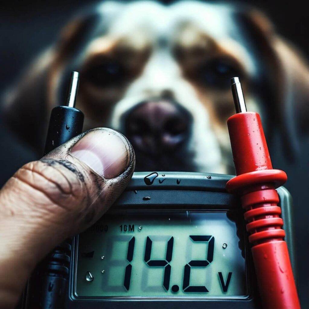 Greasy thumb on 14.2V multimeter; dog in rain stares like I'm magic.