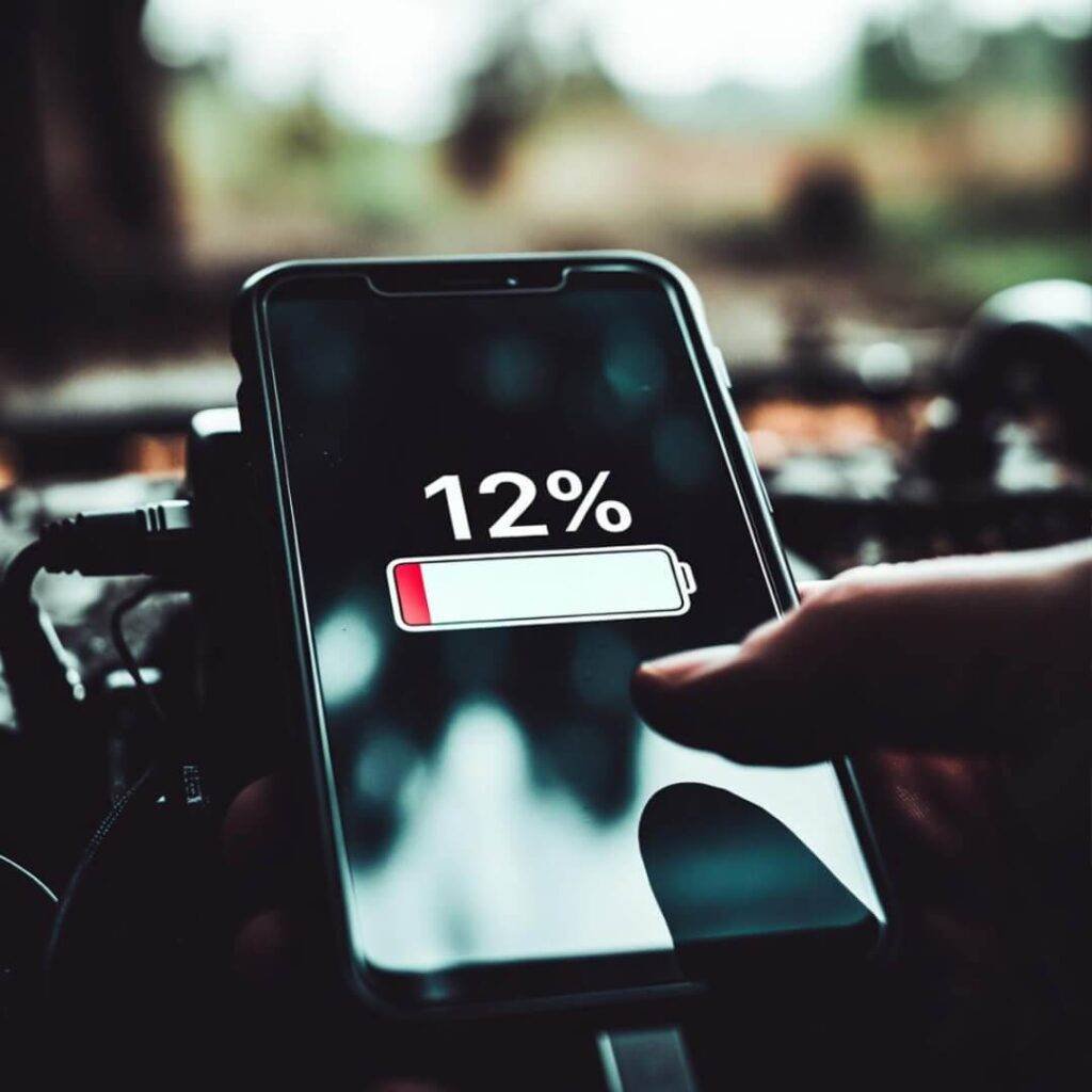 Phone at 12% battery, thumb-smudged screen, charging at sketchy rural station.