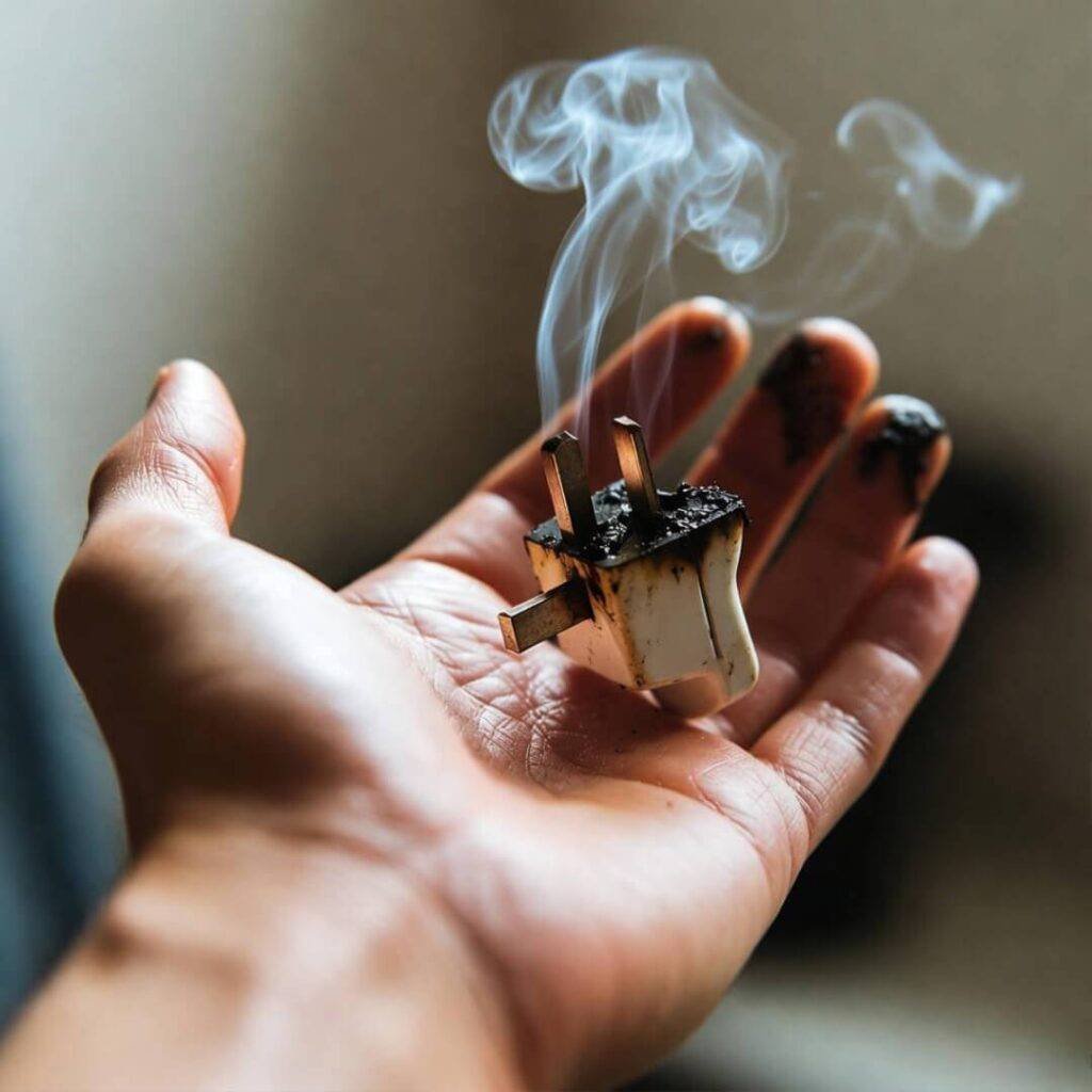 Trembling hand holds scorched 240V plug, smoke curling upward.