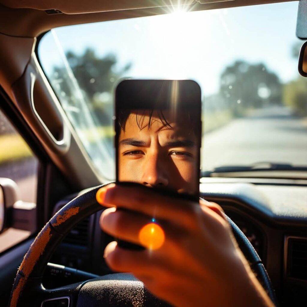 Selfie squinting at dusty hybrid dash, Cheeto-dusted thumb, golden Texas sunset.