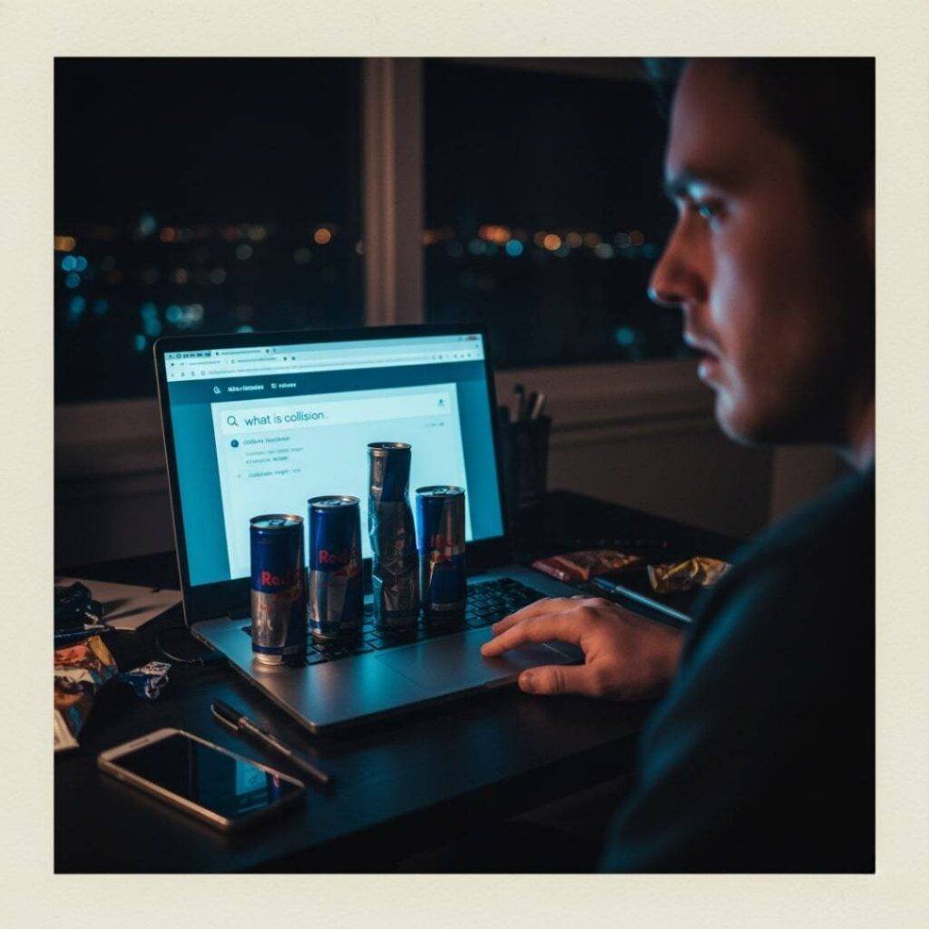 Screen glow on face, empty Red Bull, Googling collision.