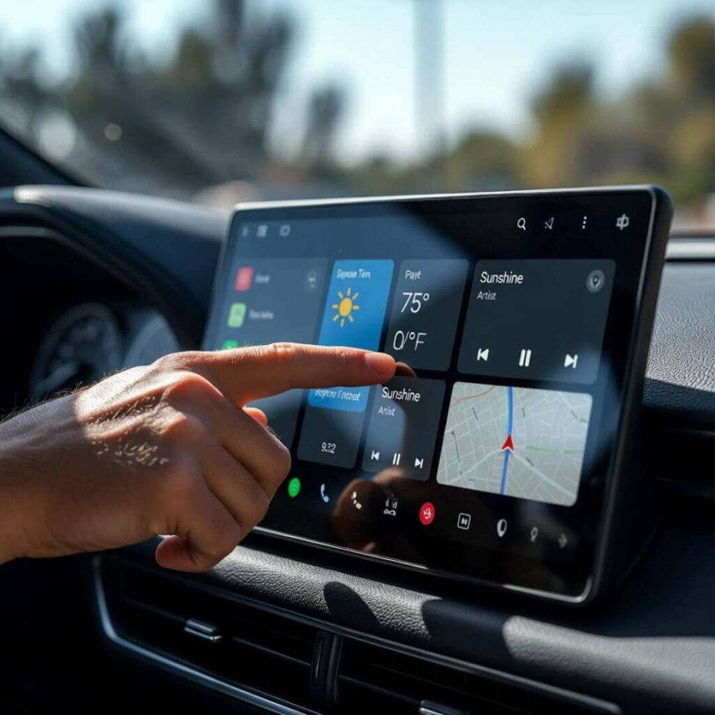 Thumb smudging car touchscreen from dashboard view.
