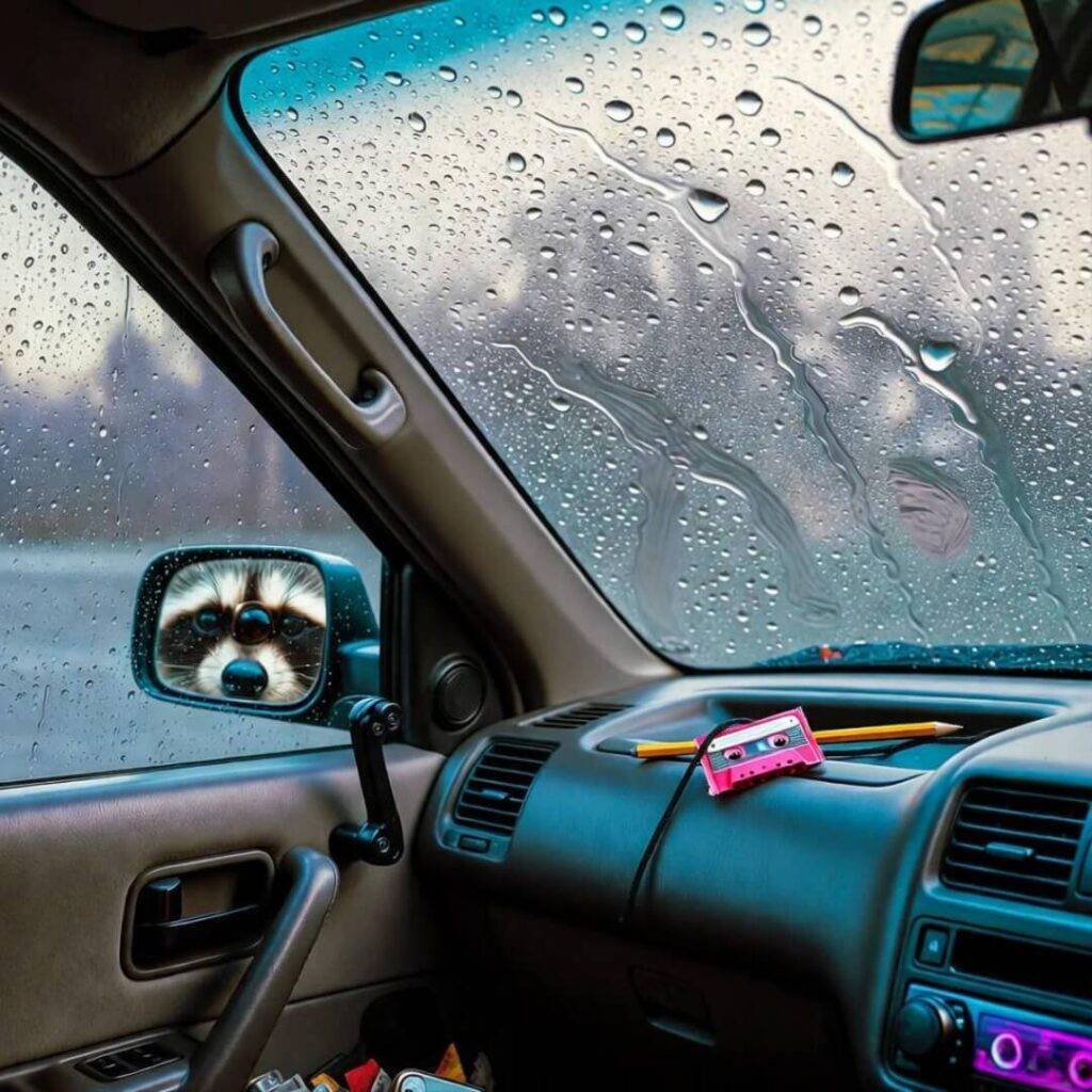Rainy CR-V interior: pink mixtape, raccoon in mirror, middle-finger droplets on glass.