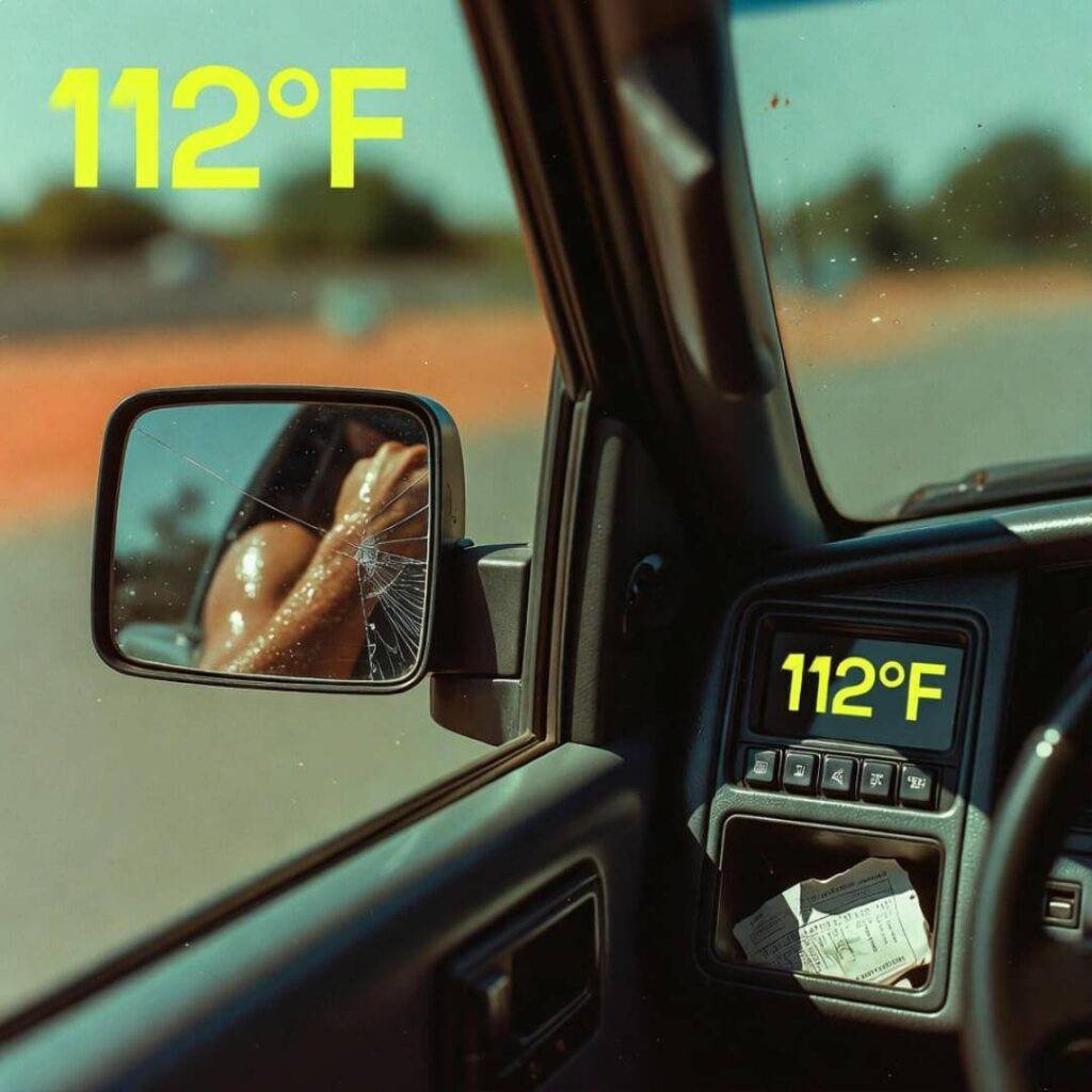 Sweaty hand grips wheel through cracked mirror, 112°F, crumpled lease in pocket.