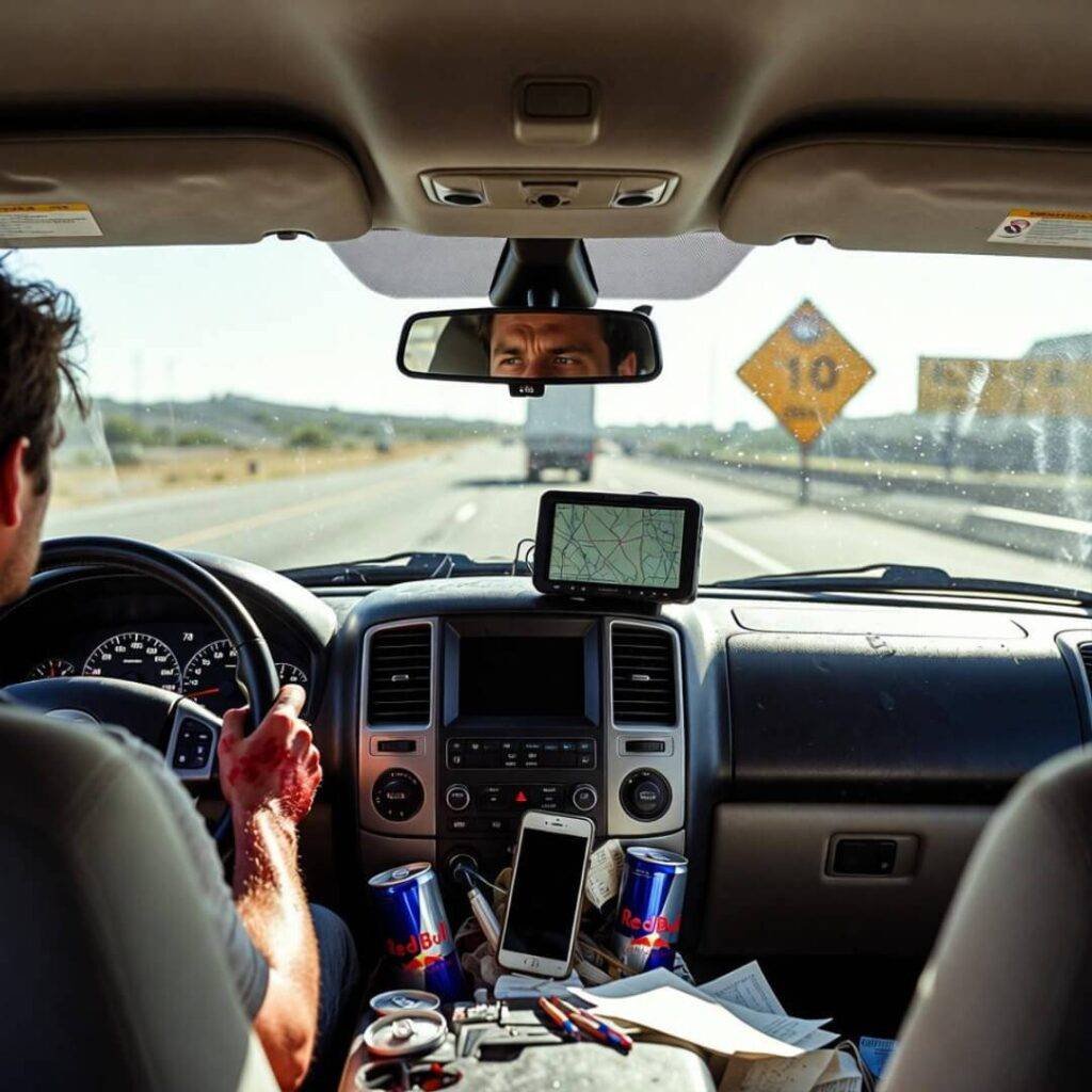 POV: Bleary-eyed driver in dusty SUV, 78 mph on I-10, Red Bull chaos.