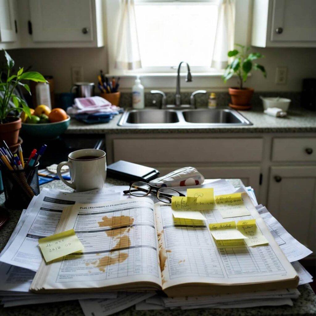 Coffee-stained owner’s manual on cluttered counter, Post-its with mileage math.