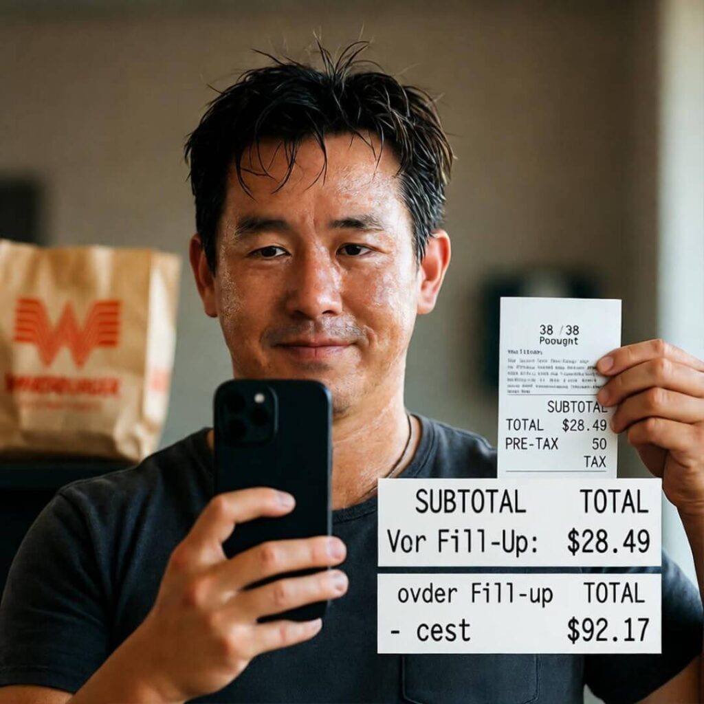 Sweaty dad selfie holding $28 gas receipt vs $92 old fill-up, Whataburger bag behind.