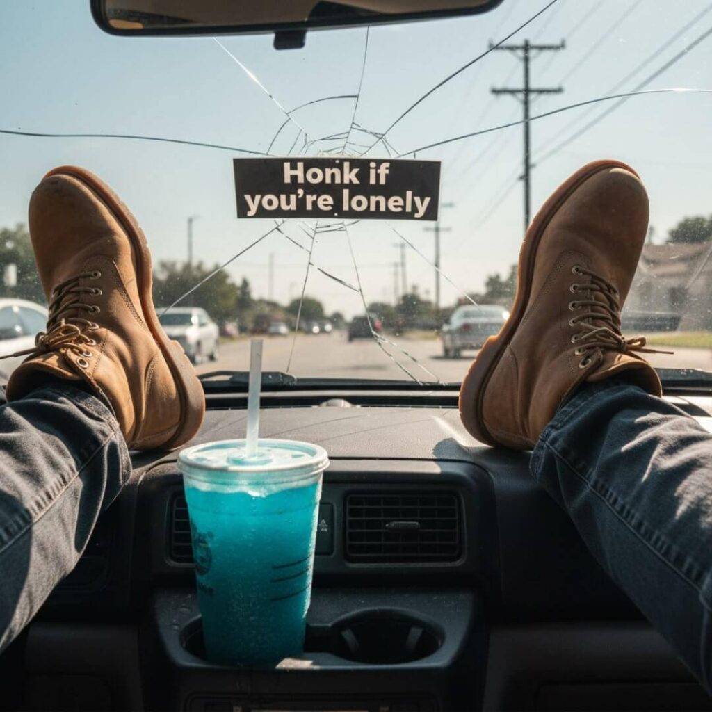 Timberlands on dash, slushie, cracked windshield.