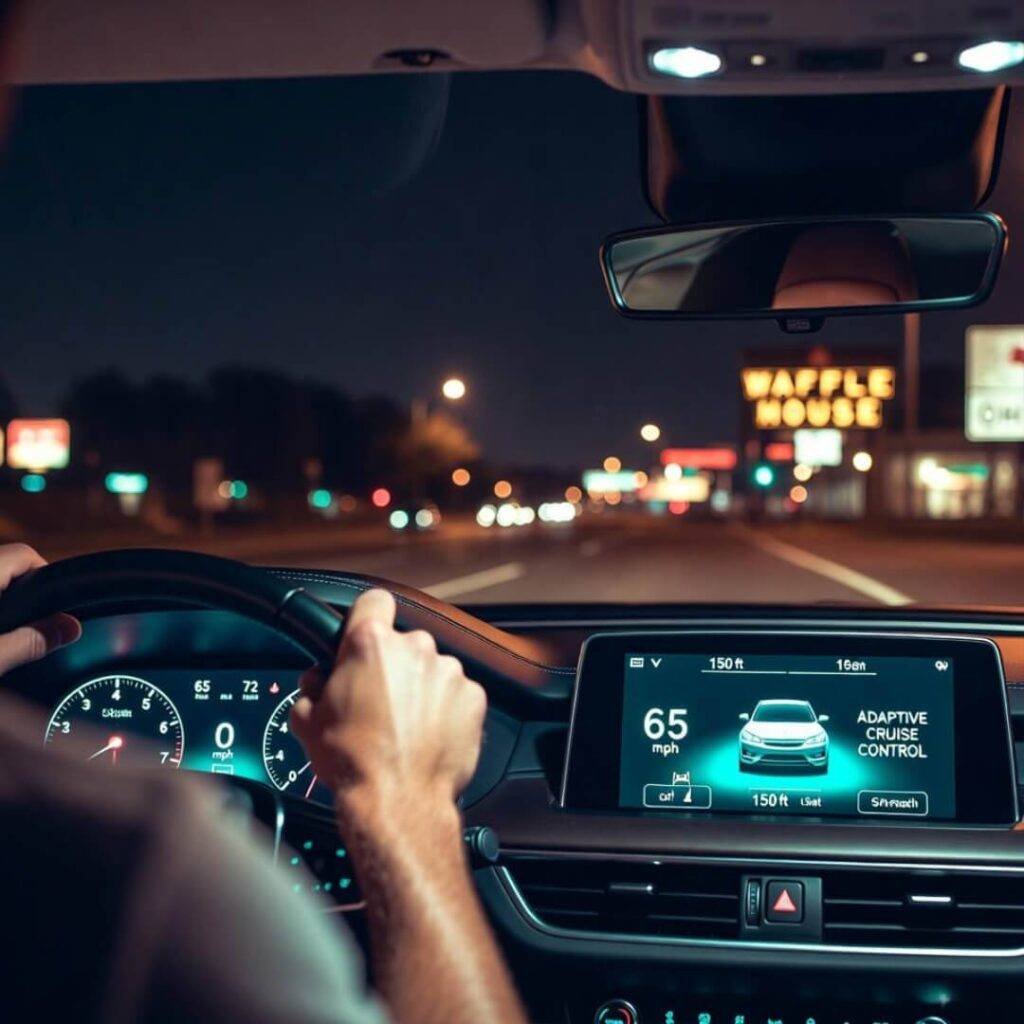 White-knuckled grip on wheel, teal adaptive cruise glow, Waffle House at 3 a.m.