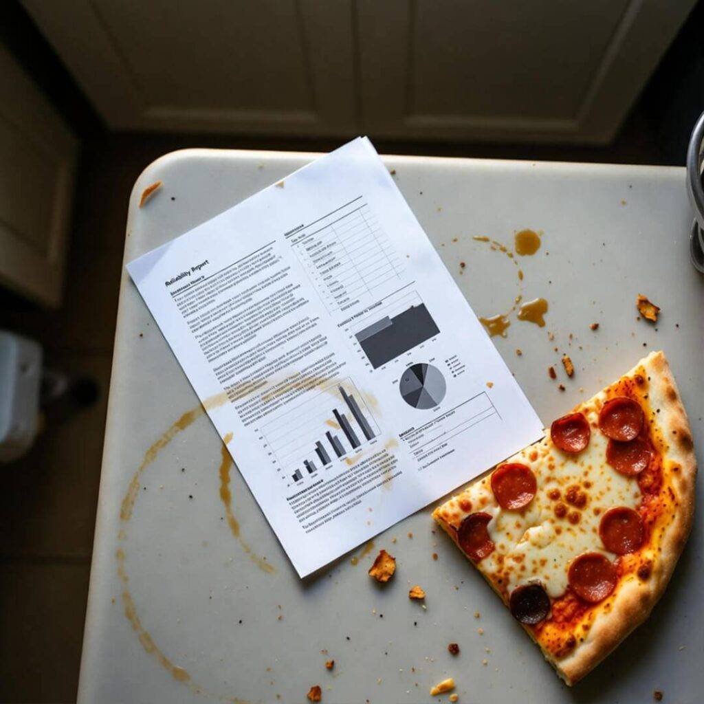Overhead view: coffee-stained table with scattered reliability report and cold pepperoni pizza slice.