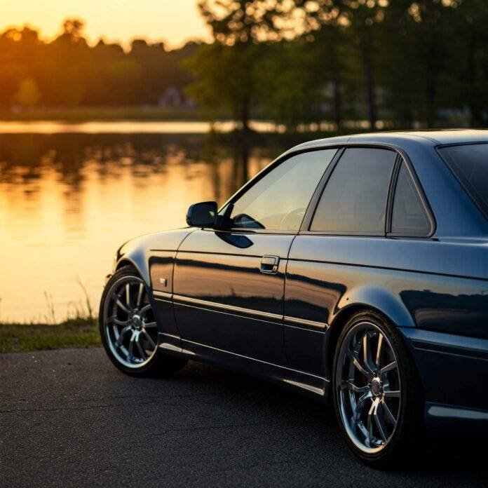 Detailed blue sedan at golden hour lakeside Detailed blue sedan at golden hour lakeside