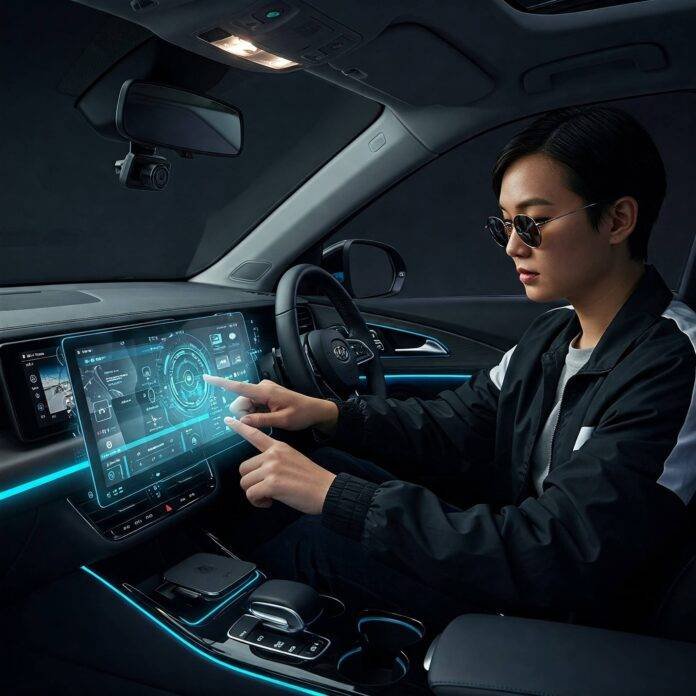 Futuristic car interior with smart tech. Futuristic car interior with smart tech.