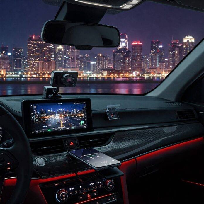 Car Dashboard with Dash Cam, HUD, Wireless Charger Car Dashboard with Dash Cam, HUD, Wireless Charger