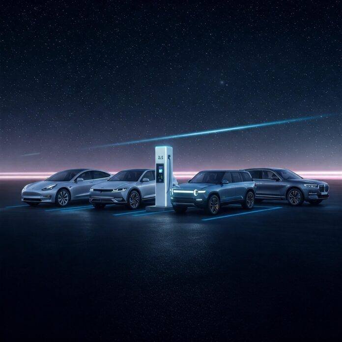 Electric Cars Charging at Night Electric Cars Charging at Night