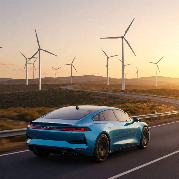 Futuristic electric car sunset highway wind turbines Futuristic electric car sunset highway wind turbines