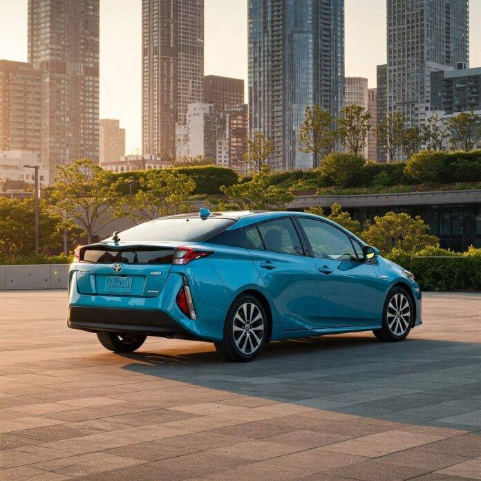 Blue Prius parked city skyline Blue Prius parked city skyline