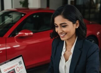 Happy person reviews car insurance quote on laptop