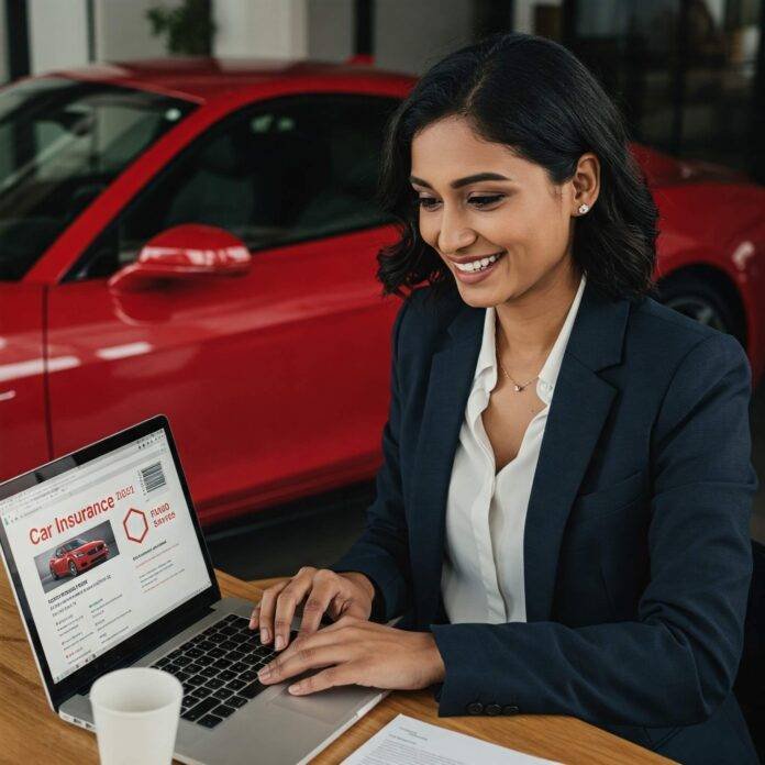 Happy person reviews car insurance quote on laptop Happy person reviews car insurance quote on laptop