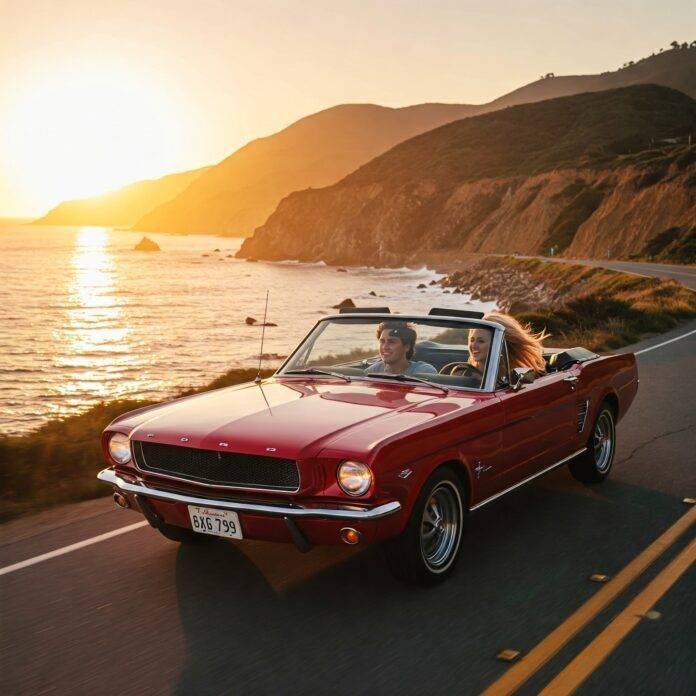 Sunset drive: Couple in Mustang on coastal highway Sunset drive: Couple in Mustang on coastal highway