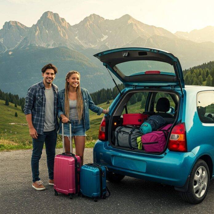 "Couple renting car for scenic mountain trip" "Couple renting car for scenic mountain trip"
