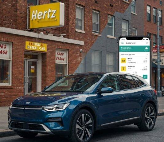 Long-Term Car Rental vs. Car Subscription: Which Saves You More? Car parked in urban setting: Rental office
