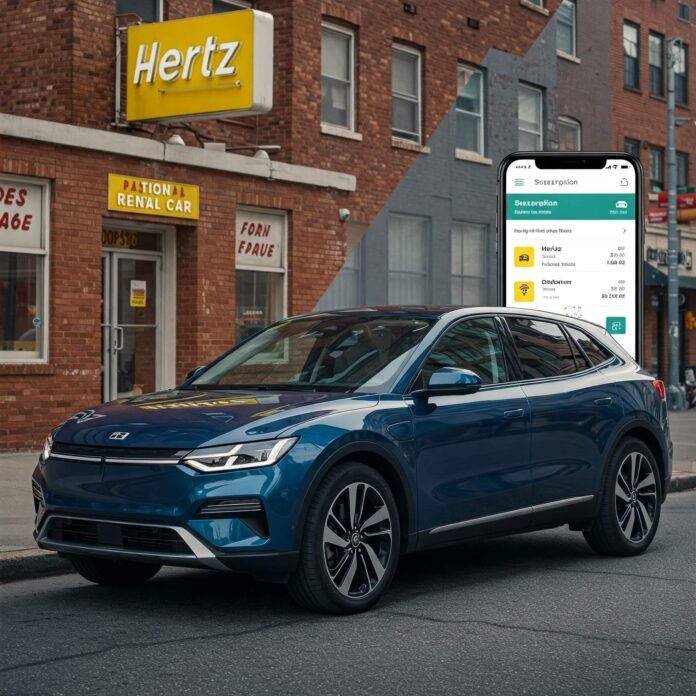 Car parked in urban setting: Rental office