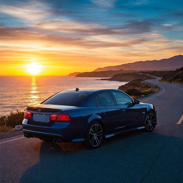 Blue Sedan Sunset Coastal Road Blue Sedan Sunset Coastal Road