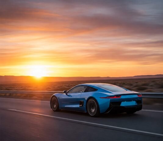 Sleek car sunset drive.