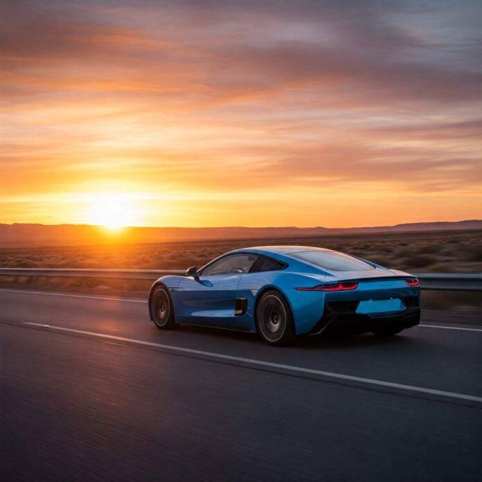 Sleek car sunset drive. Sleek car sunset drive.