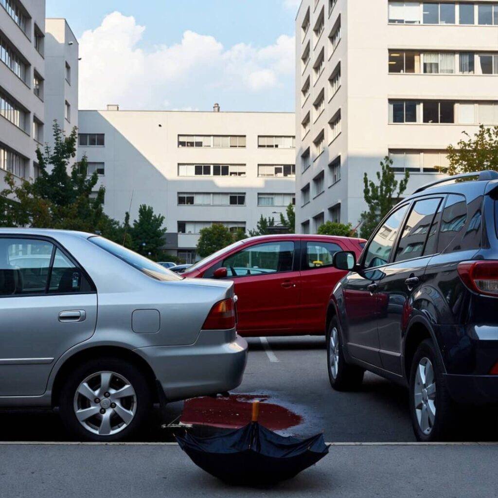 Cars in tight parking squeeze, broken umbrella in puddle, reflections.