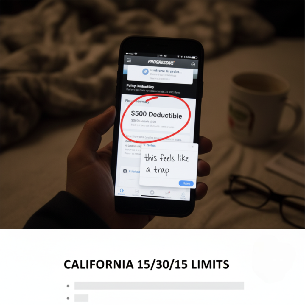 Progressive app showing $500 deductible, "trap" note.