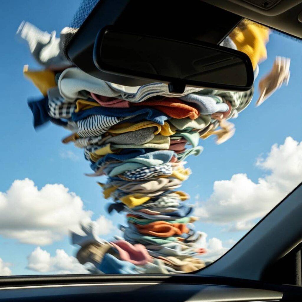 Tornado of colorful microfiber cloths swirling in rearview mirror.