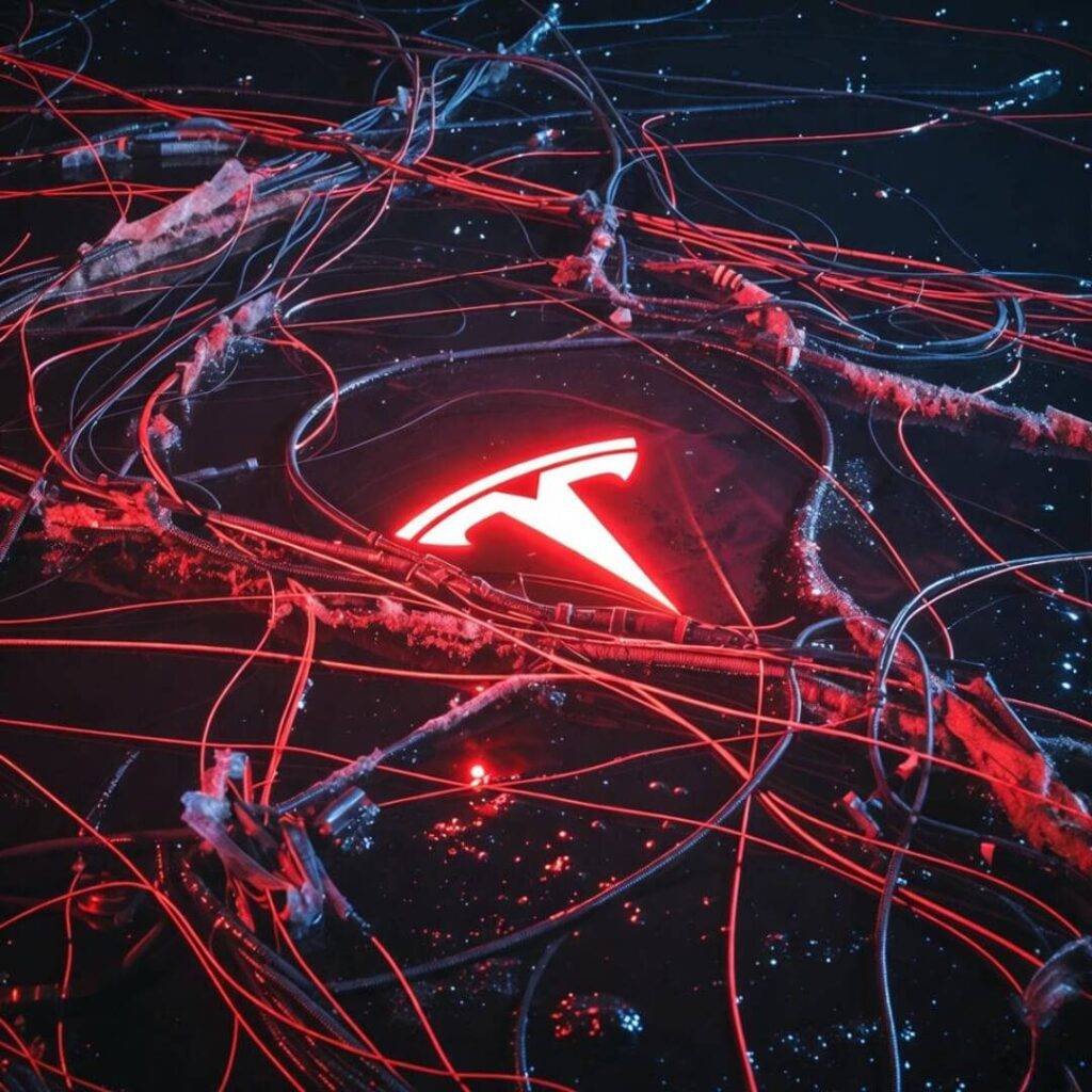 Glowing Tesla logo amid tangled red wires in dark, starry void.