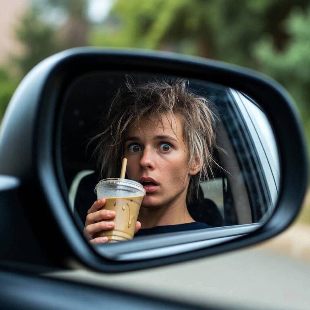 Frazzled reflection in Ioniq mirror: wild hair, melted iced coffee.