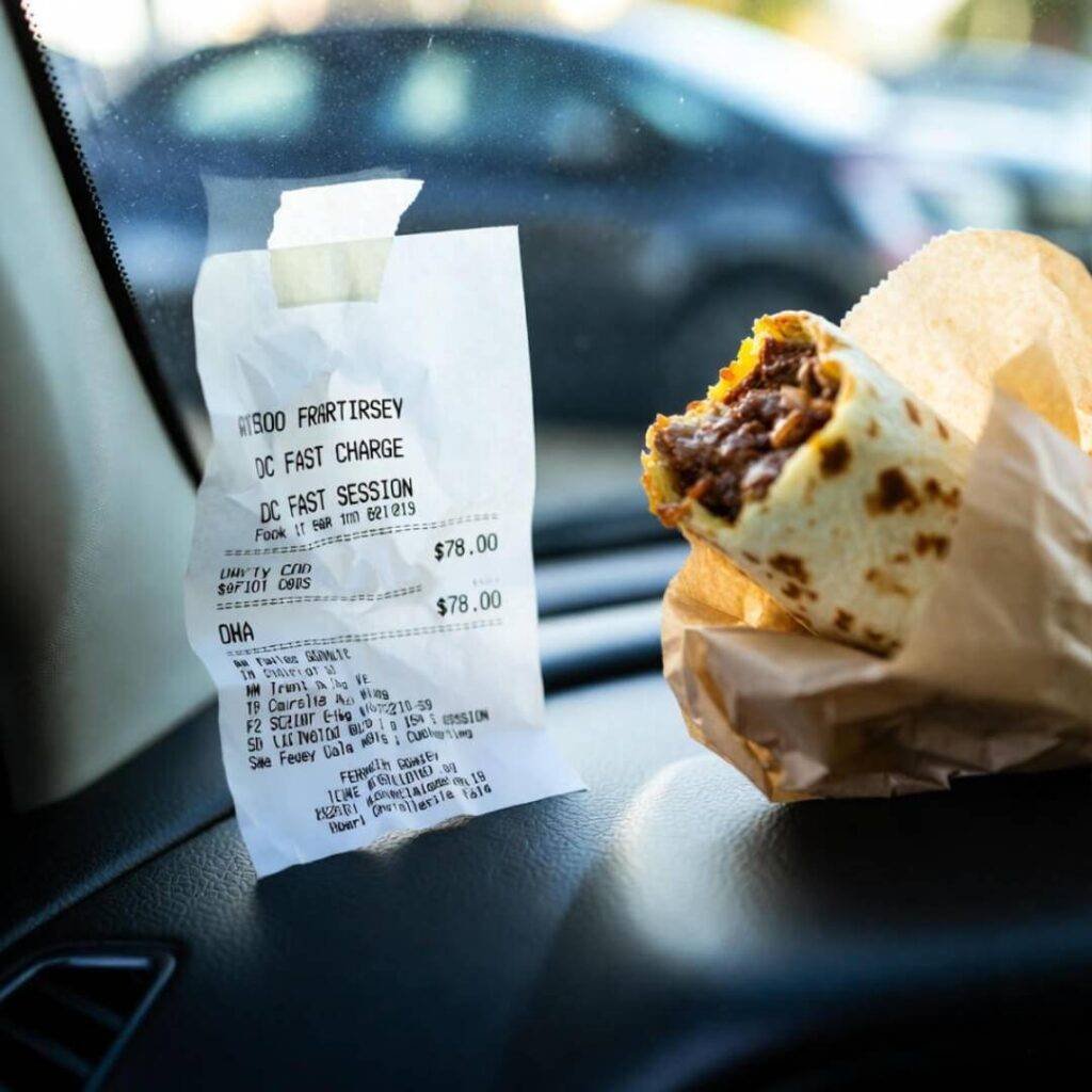 Crumpled $78 DC charge receipt taped beside half-eaten burrito on dashboard.