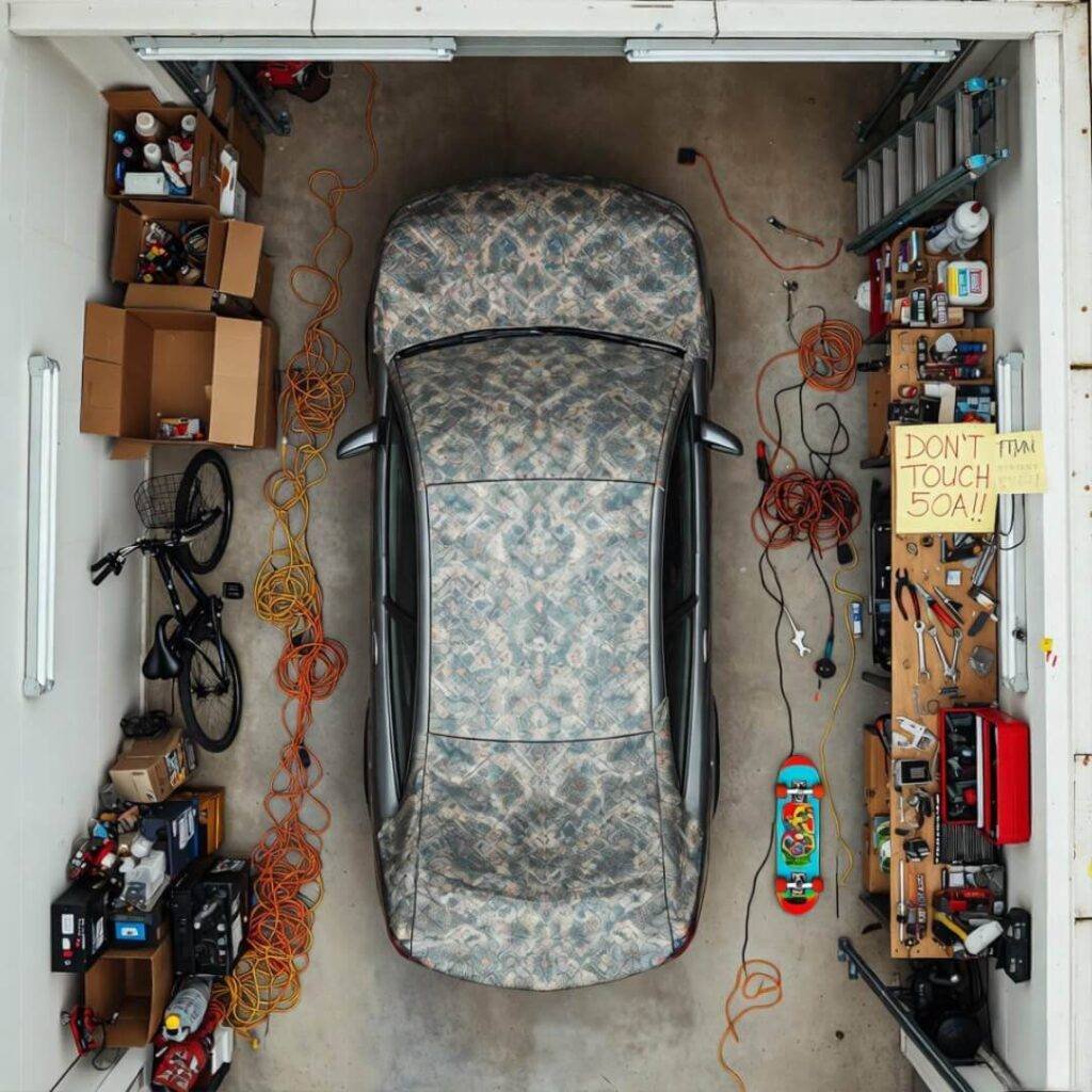 Cluttered garage: tangled cords, skateboard, “DON’T TOUCH 50A!!” note.