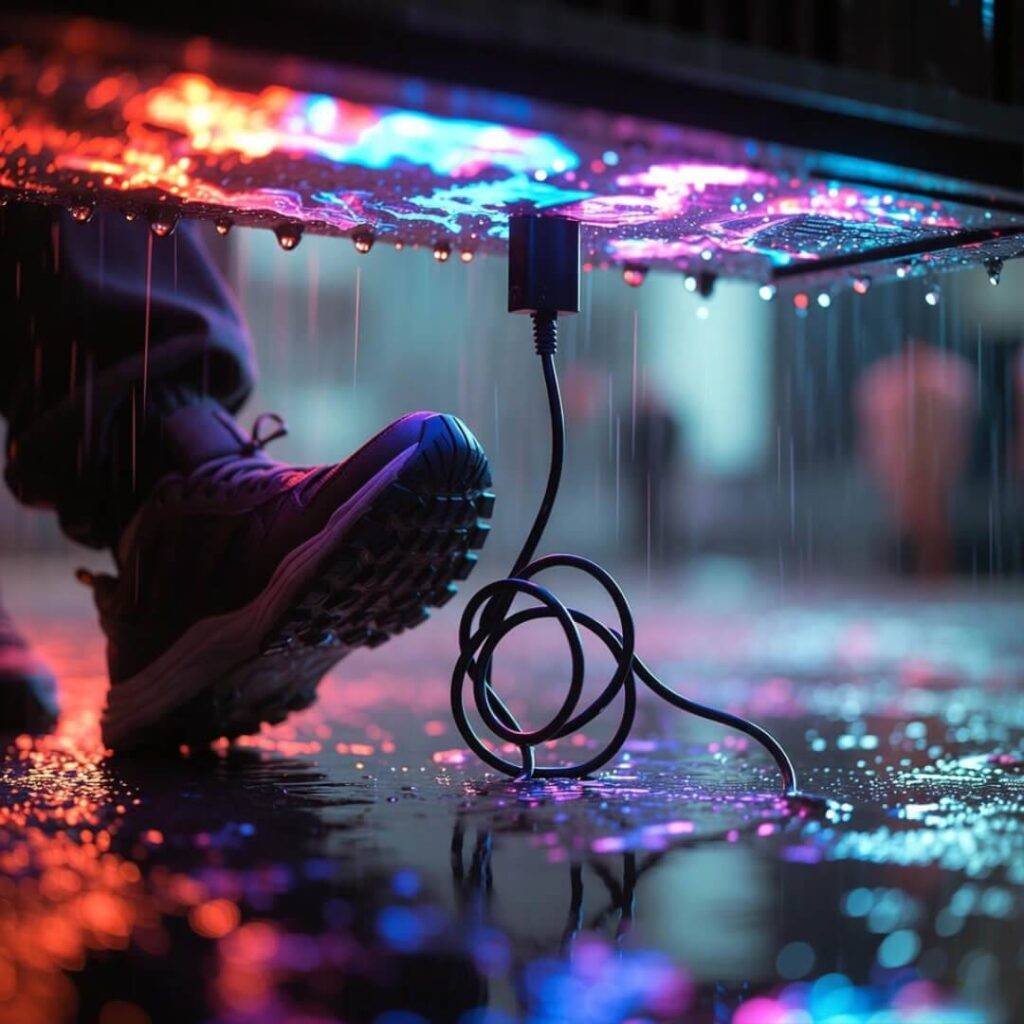 Sneakers kick knotted charging cord under flickering neon, rain-blurred lens.