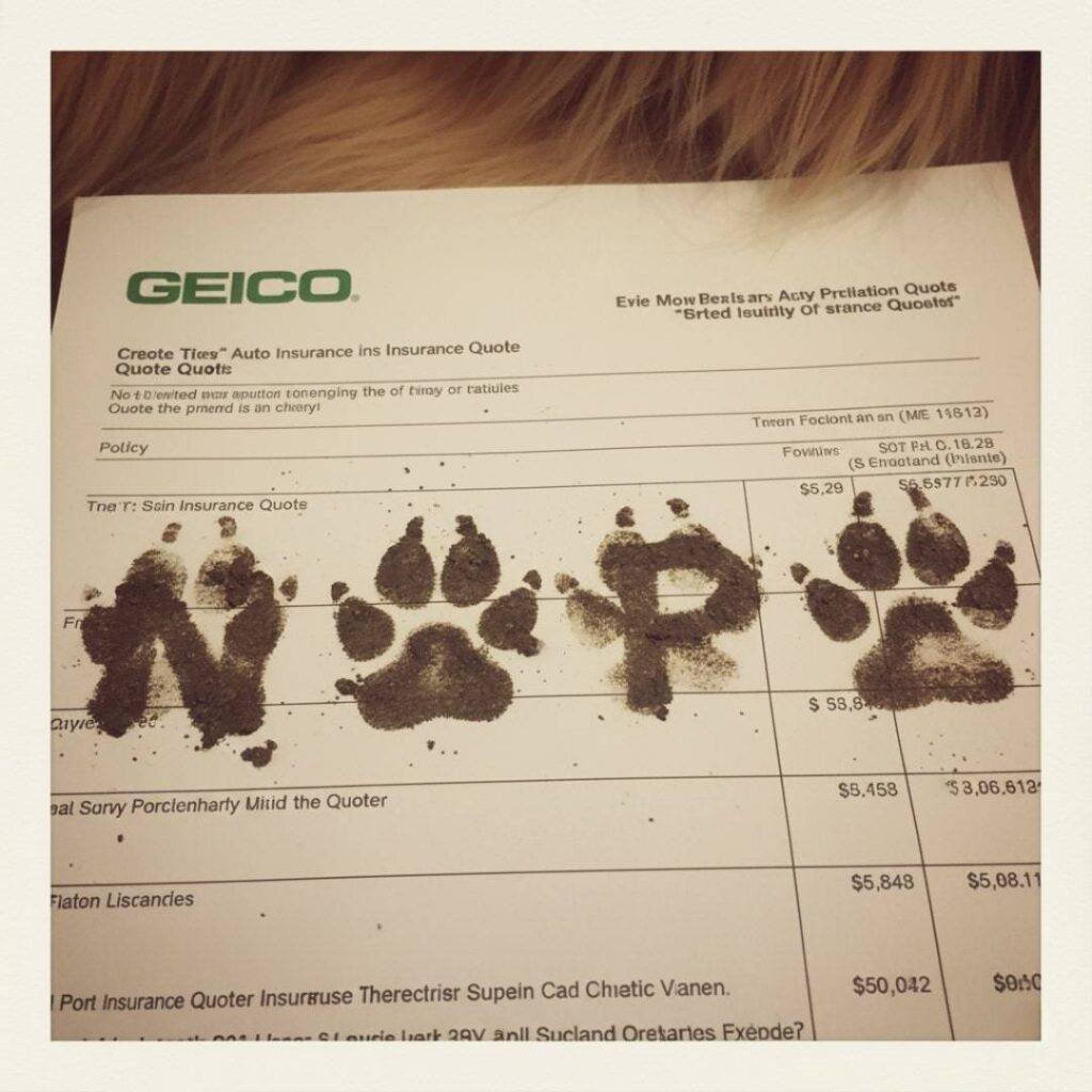 Dog paw prints spelling NOPE on car insurance quote.