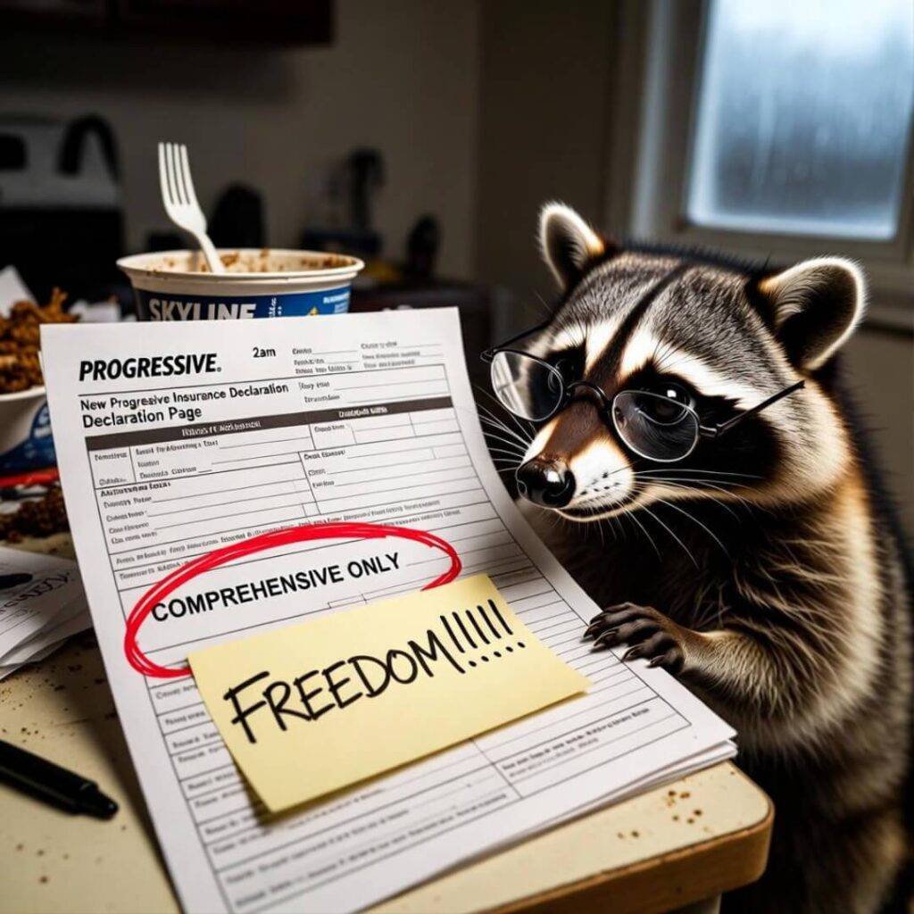 Raccoon in glasses inspects "COMPREHENSIVE ONLY" insurance with "FREEDOM!!!!!!!" sticky note.