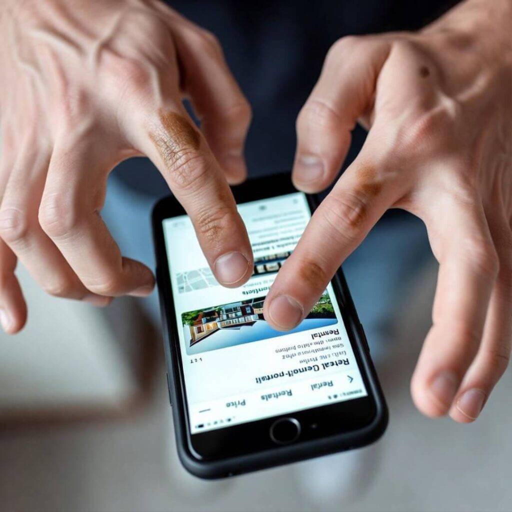 Hands tapping real estate listing on smartphone screen.