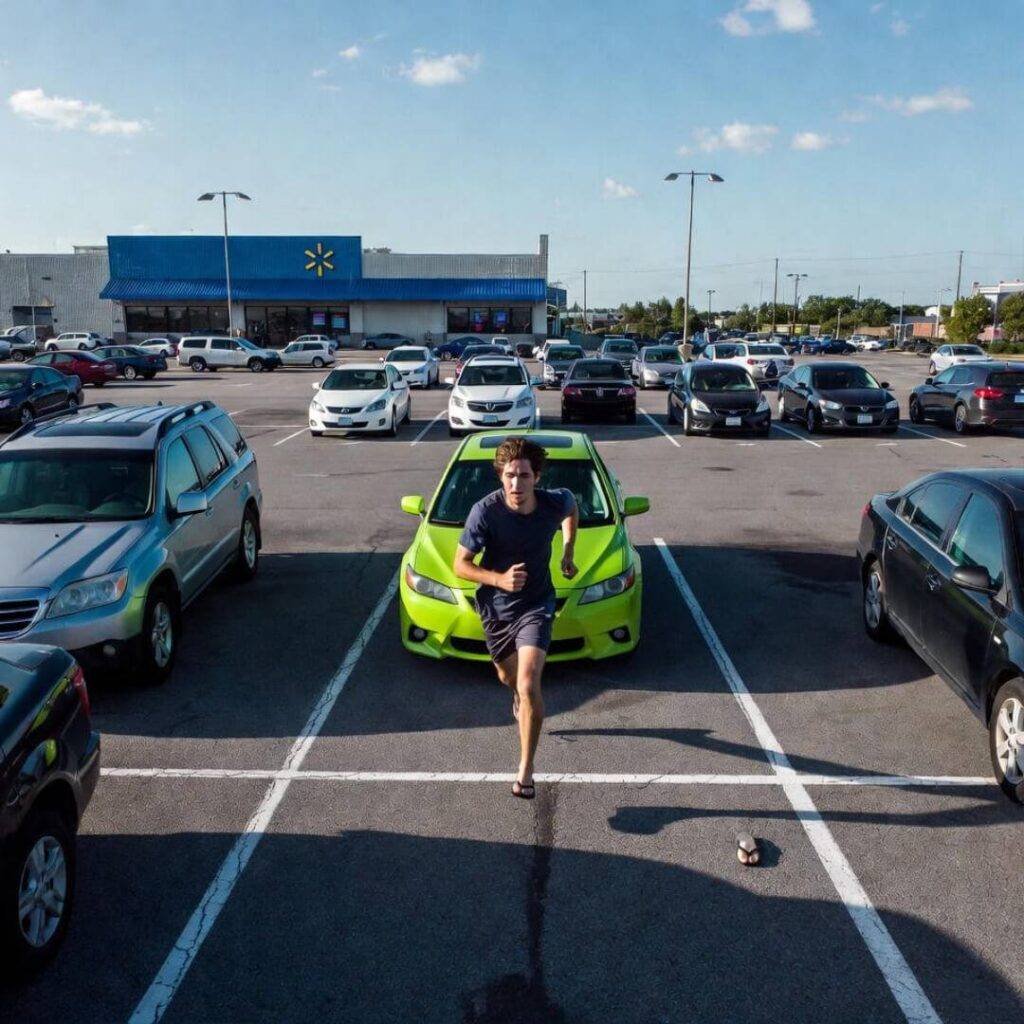 Drone view: sprinting across Walmart lot to neon-green car, one flip-flop lost.