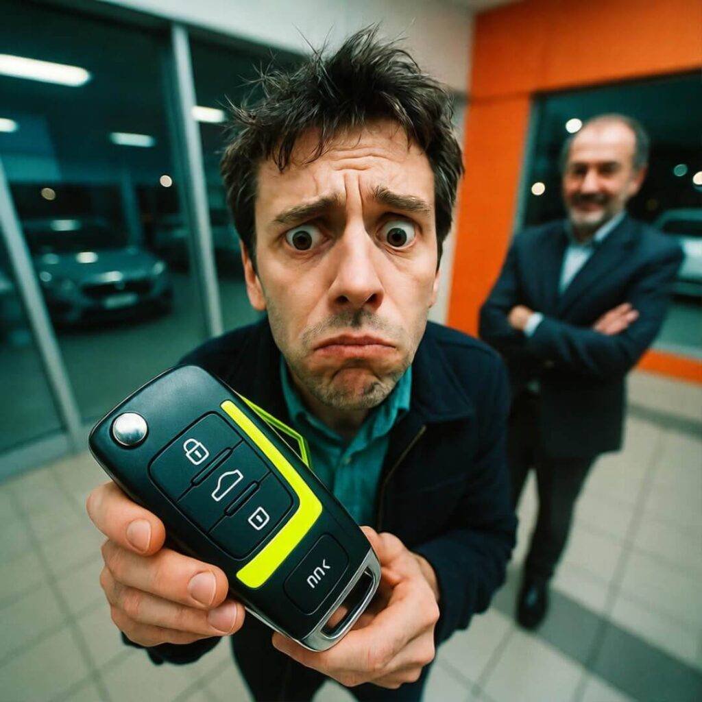 Confused man holds huge key fob, smirking salesman behind.