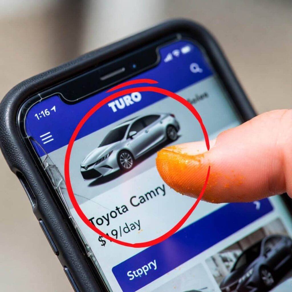 Cracked iPhone: Turo $19/day Camry circled, Cheeto-dust thumb, frantic tilt.